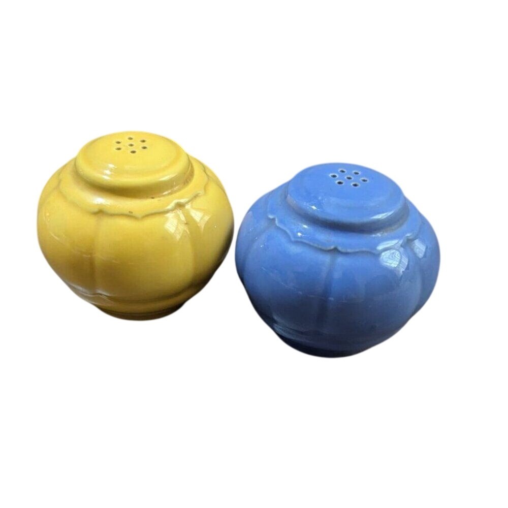 Homer Laughlin Harlequin Salt and Pepper Shakers Yellow and Blue Art Deco Set